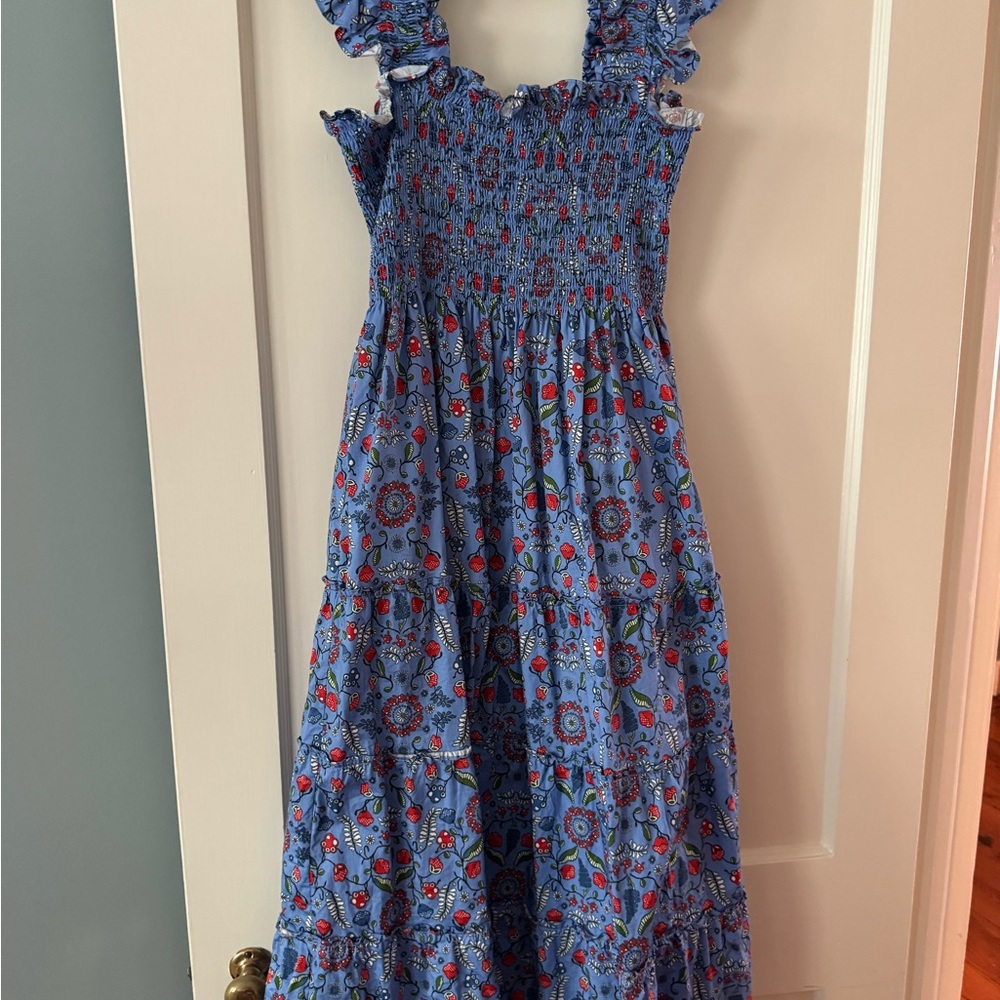 Hill House Blue and Red Smocked Ruffled Maxi Sundress